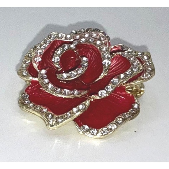 Red Rose Enamel Rhinestone Brooch Pin Gold-Tone 1.25" Floral Statement - Picture 2 of 6